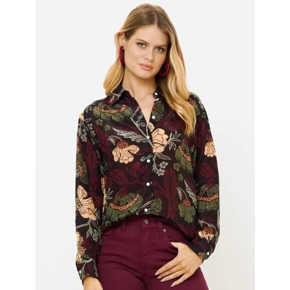 NEW Oliphant Button Down Floral Blouse Long Sleeve Turin Wine, L - Picture 1 of 10